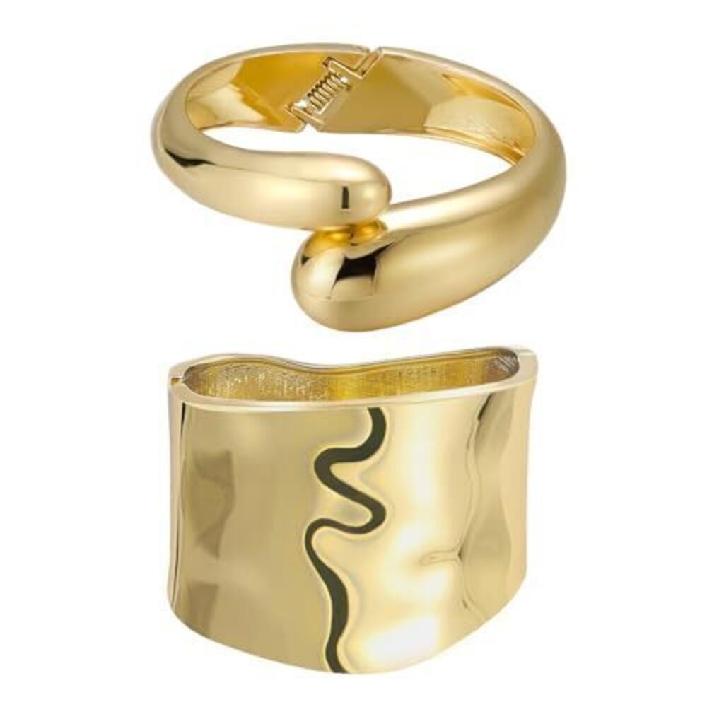 3500 Gold Wide Bangle Cuff Bracelet Stack, Chunky 18K Gold Plated Teardrop
